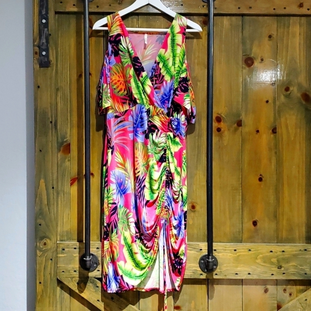 TROPICAL COLORFUL Floral Dress STRETCH RESORTWEAR WEDDING GUEST BRUNCH CRUISE